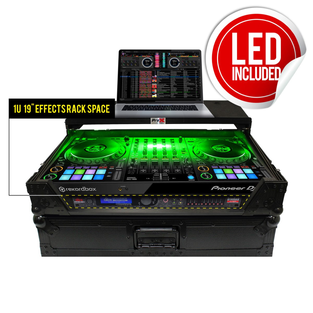 ProX XS-DDJ1000 WLTBL LED - Flight Case for Pioneer DDJ-1000/SRT with Laptop Shelf and LED Kit in Black/Black Finish