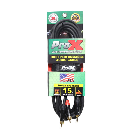 ProX XC-CMR15 - 15ft Unbalanced 3.5mm Mini TRS Male to Dual RCA Male Audio Cable