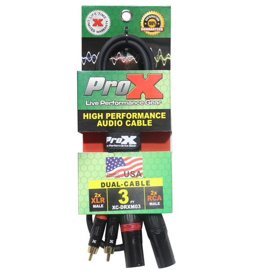 ProX XC-DRXM03 - 3ft Unbalanced Dual RCA Male to Dual 3-Pin XLR Male Audio Cable