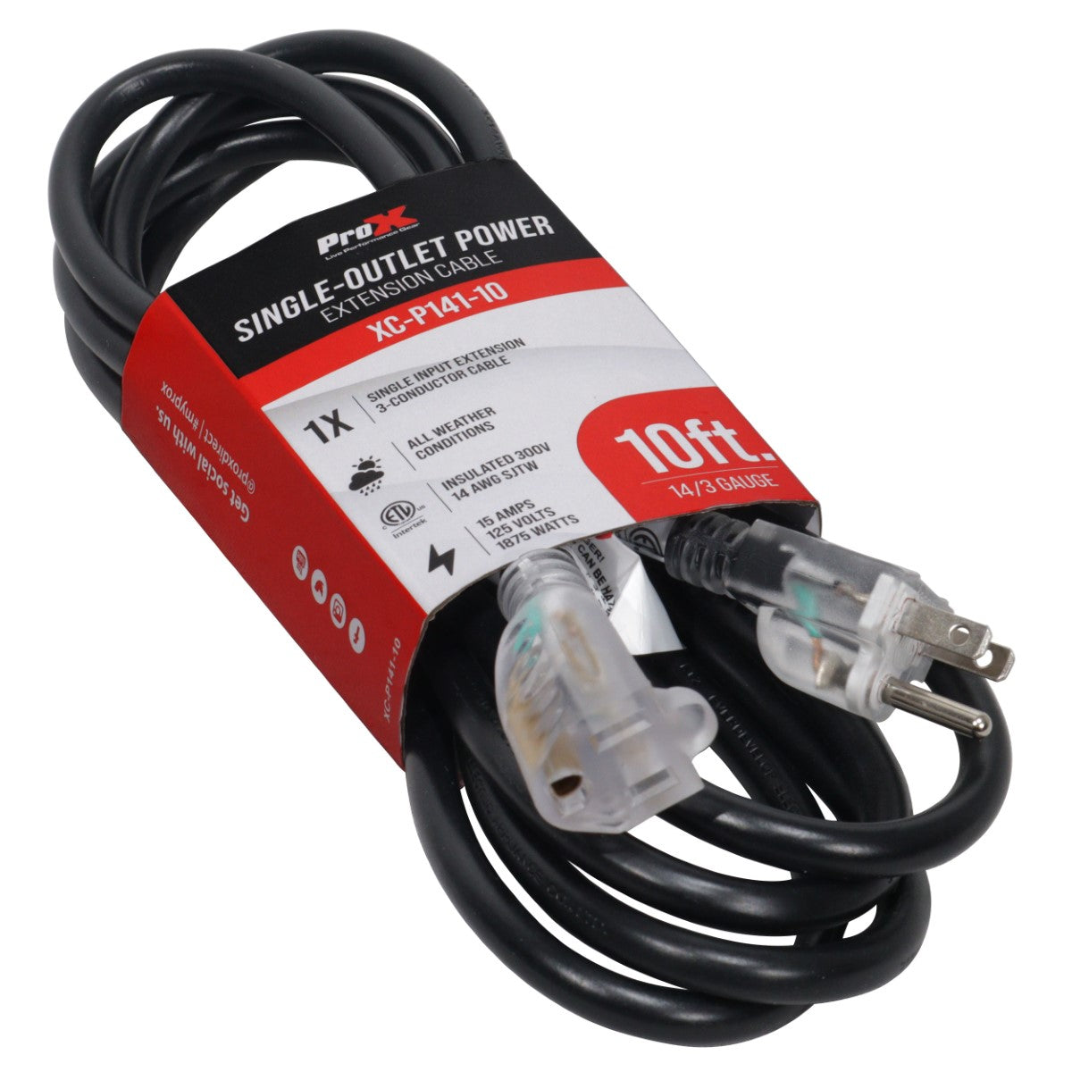 ProX XC-P141-10 - 10ft 14AWG 18 Amp 3-Prong 110V Male to 110V Female Power Cord