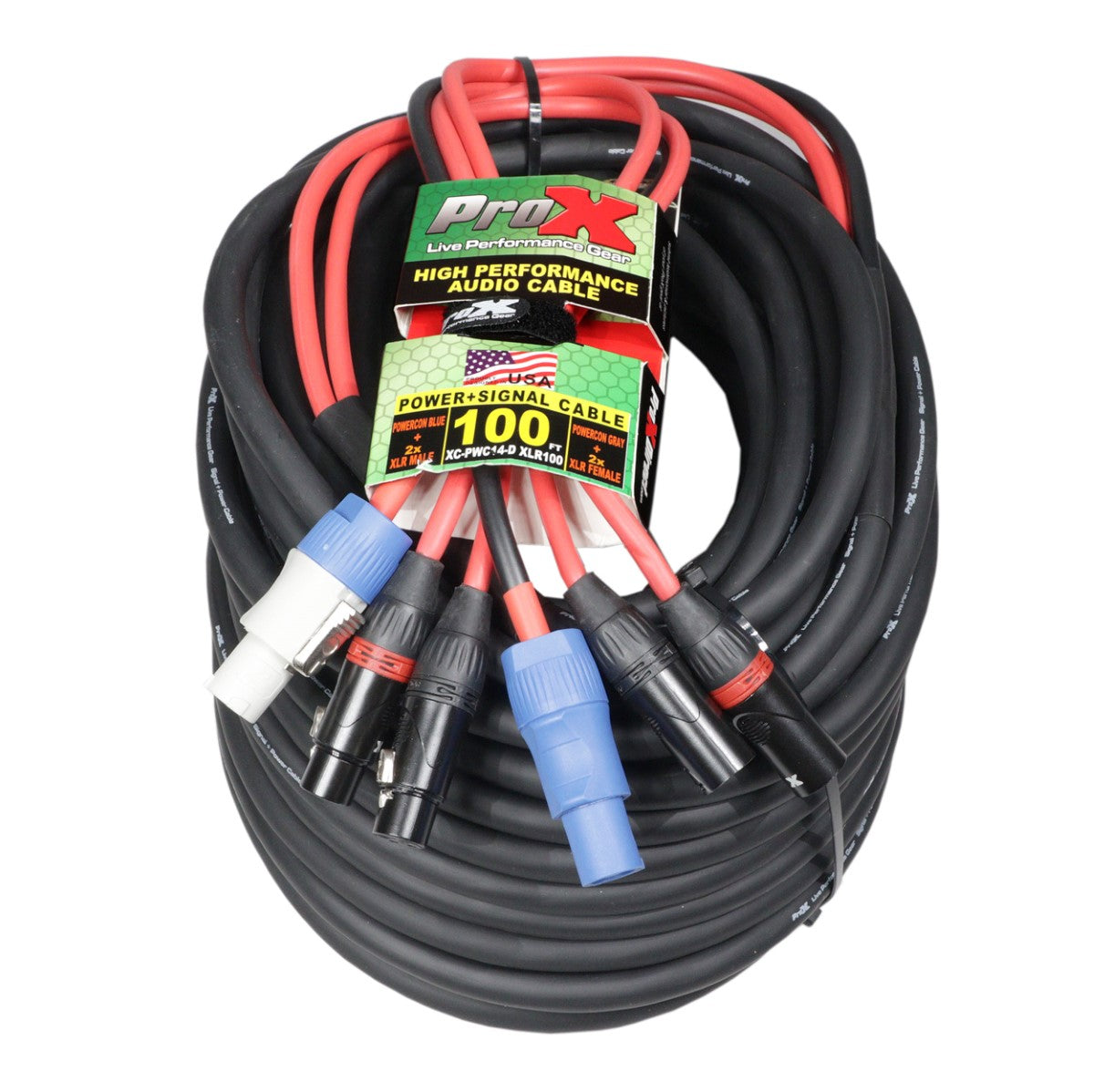 ProX XC-PWC14-DXLR100 - 100ft Powercon Blue to Grey with Dual 3-Pin Male/Dual 3-Pin Female XLR Combo Cable