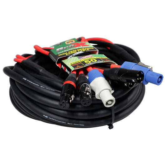 ProX XC-PWC14-DXLR50 - 50ft Powercon Blue to Grey with Dual 3-Pin Male/Dual 3-Pin Female XLR Combo Cable