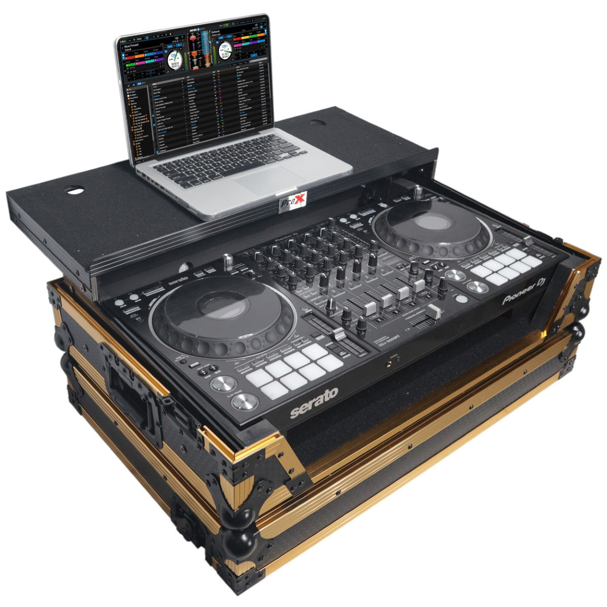 ProX XS-DDJ1000WLTFGLD LED - Flight Case for Pioneer DDJ-1000/SRT with Laptop Shelf and LED Kit in Gold/Black Finish