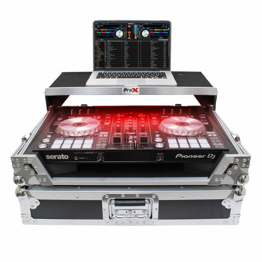 ProX XS-DDJSR2LT LED - Flight Case for Pioneer DDJ-SR2 with Laptop Shelf and LED Kit in Black/Silver Finish