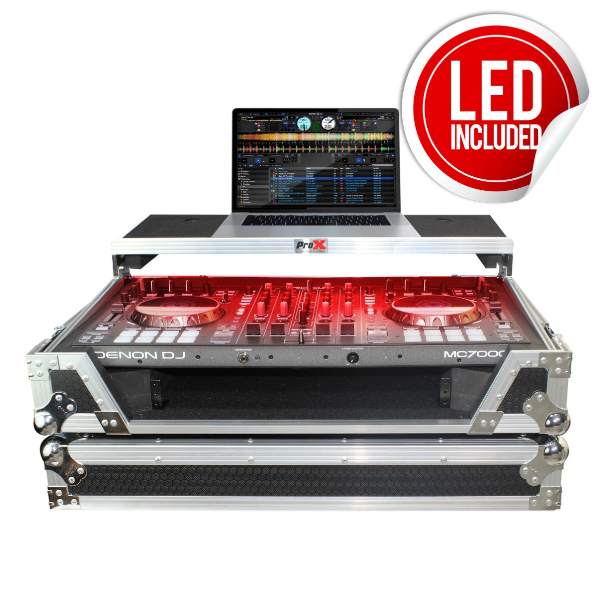 ProX XS-MCX7000WLT LED - Flight Case for Denon MC7000 with Laptop Shelf and LED Kit in Black/Silver Finish