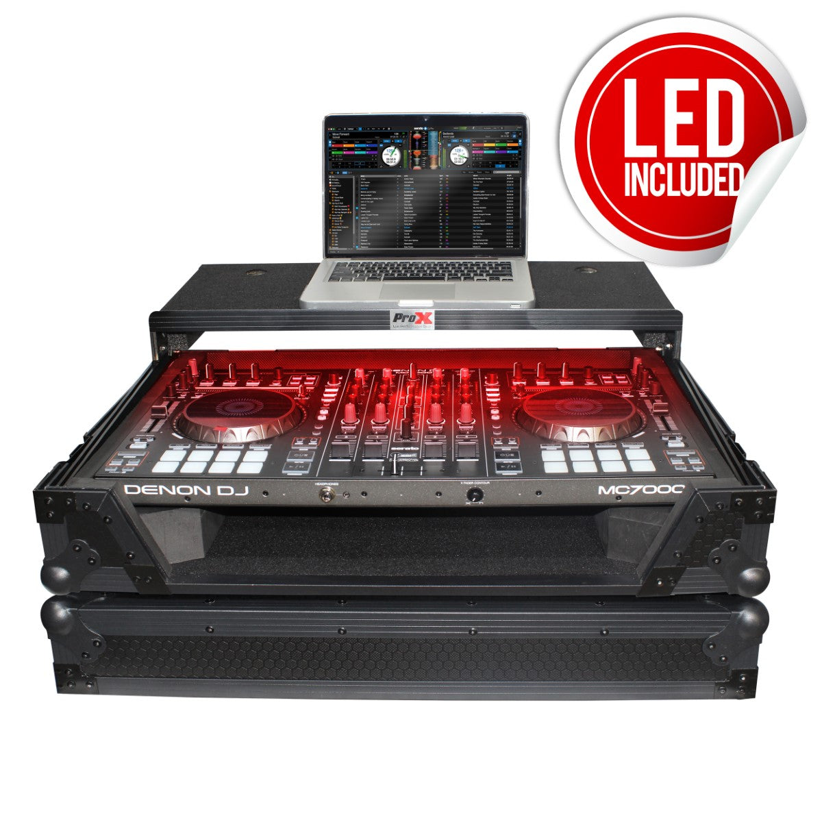 ProX XS-MCX7000WLTBL LED - Flight Case for Denon MC7000 with Laptop Shelf and LED Kit in Black/Black Finish