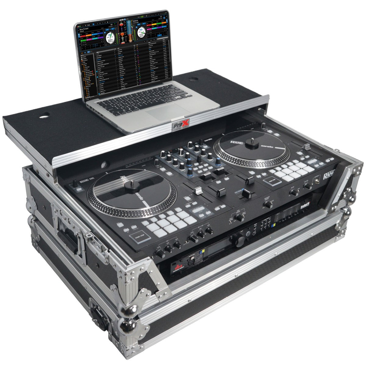 ProX XS-RANEONE WLT - Flight Case for Rane One DJ with Laptop Shelf, 1U Rack and Wheels in Black/Silver Finish