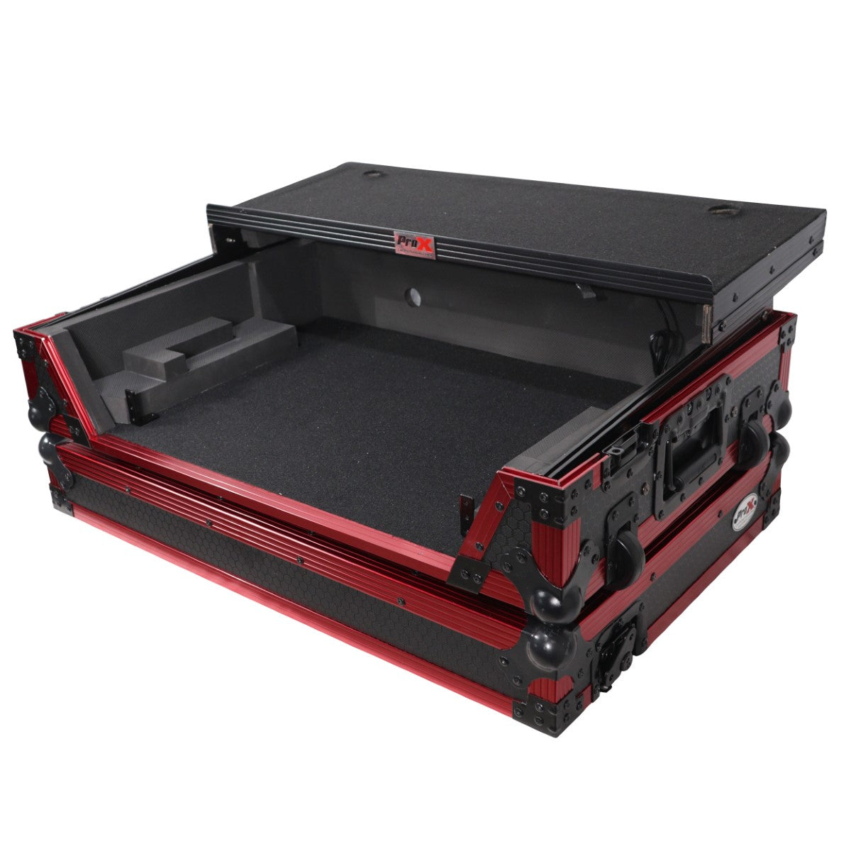 ProX XS-RANEONE WLTFRLED - Flight Case for Rane One DJ with Laptop Shelf, 1U Rack, Wheels and LED Kit in Limited Edition Red Finish