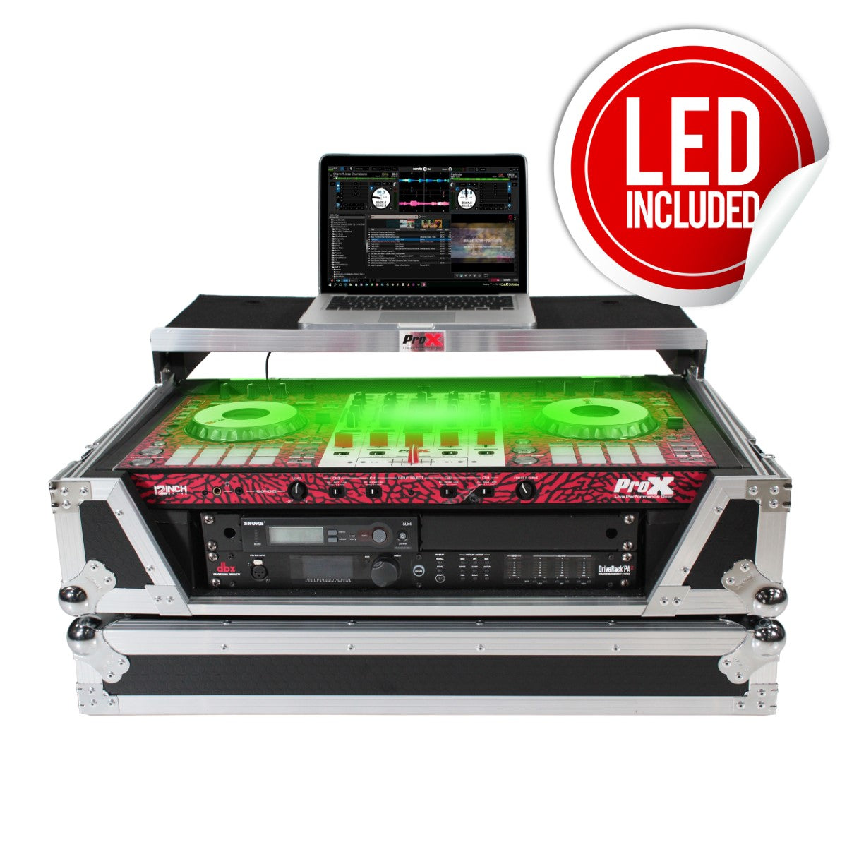 ProX XS-SX1K2UWLT LED - Flight Case for Pioneer DDJ-1000SRT/FLX6/SX3 with 2U Rackspace, Laptop Shelf, Wheels and LED Kit in Black/Silver Finish