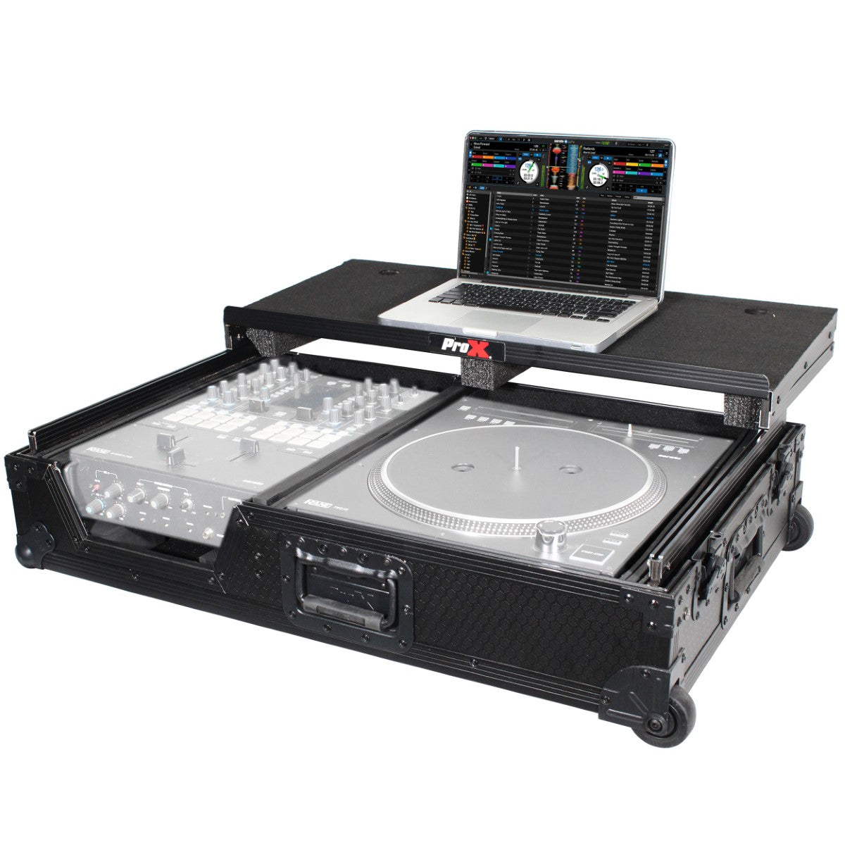 ProX XS-TMC1012WLTBL - Flight Case for Single Turnable and Mixer with Laptop Shelf and Wheels in Black/Black Finish